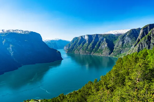norway sognefjord at summer sunny day landscape with mountain fjord forest