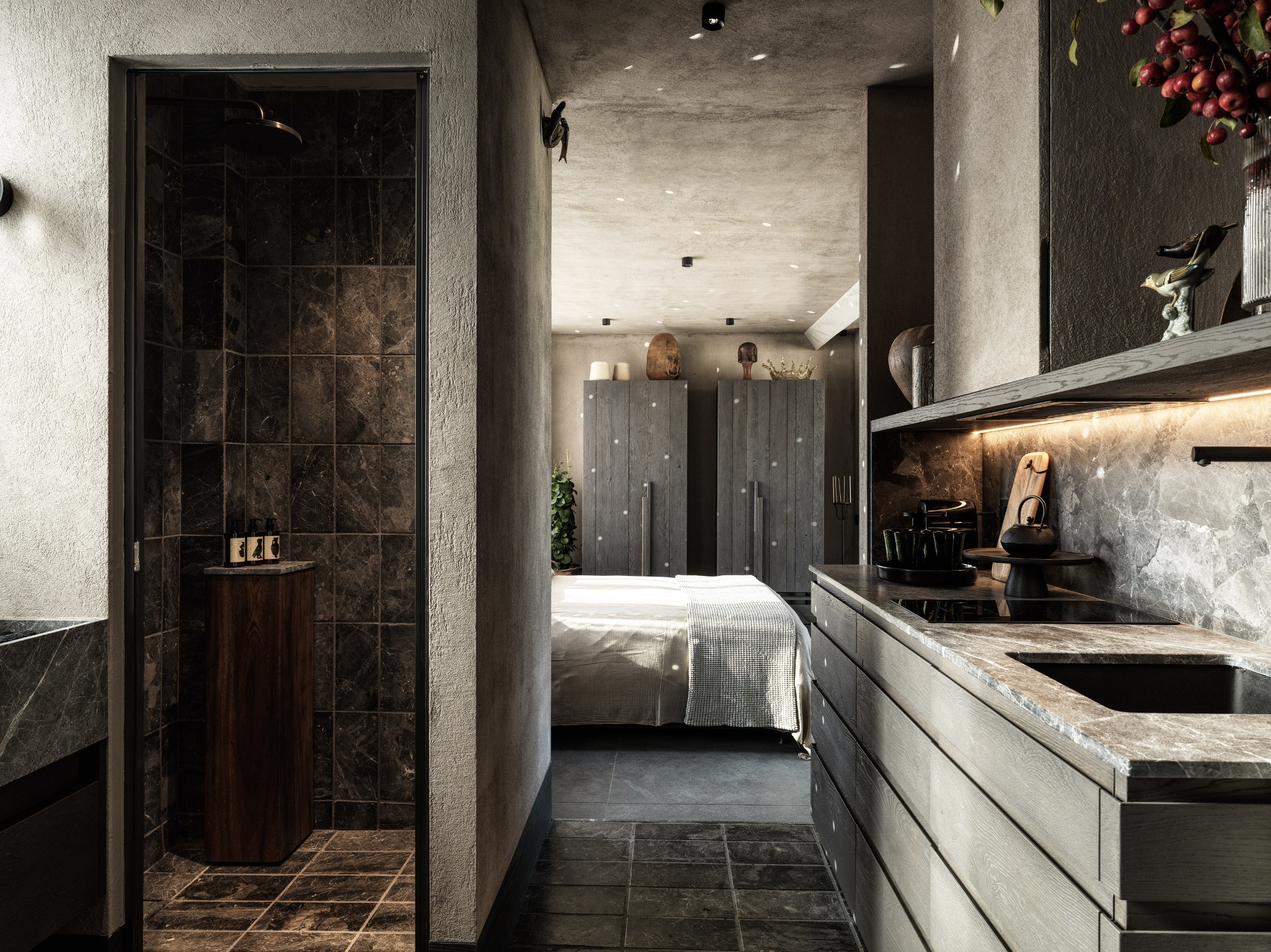 monastik badkamer met douche caractere